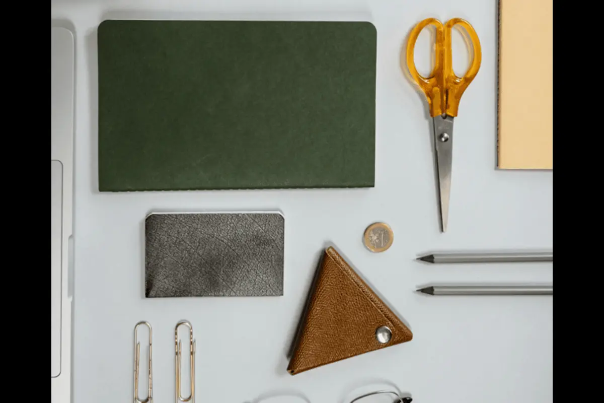 Household items (scissors, paper clips, pencils, coins) laying on the white background